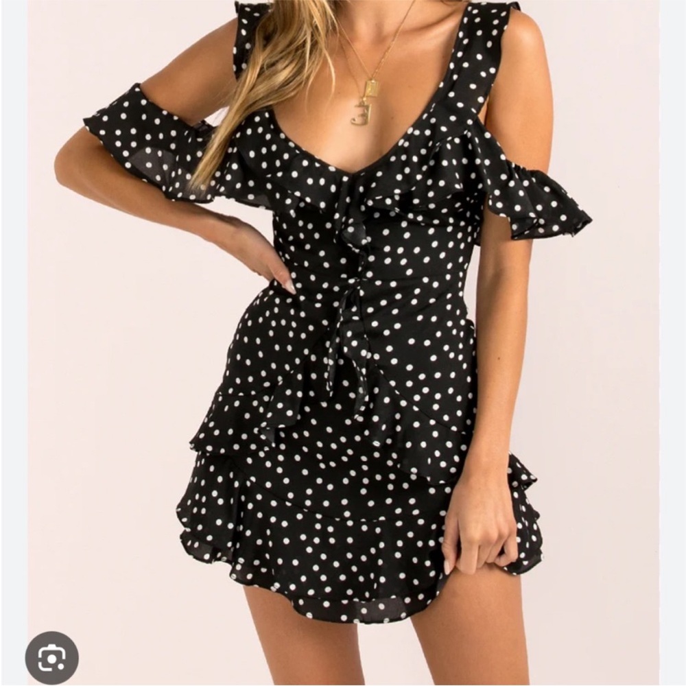 Black Polka Dot Ruffle Cold-Shoulder Mini Dress